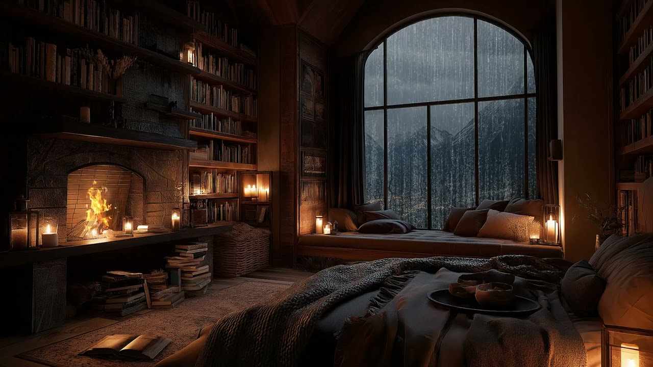 Soft Rain Outside the Window 🌧️ Fireplace ASMR Ambience (3 Hours)