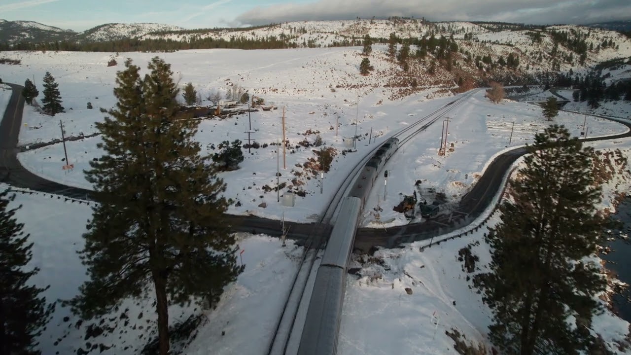 Drone Chasing Amtrak California  Zephyr Down River Canyon at Hirschdale Road Near Truckee, CA