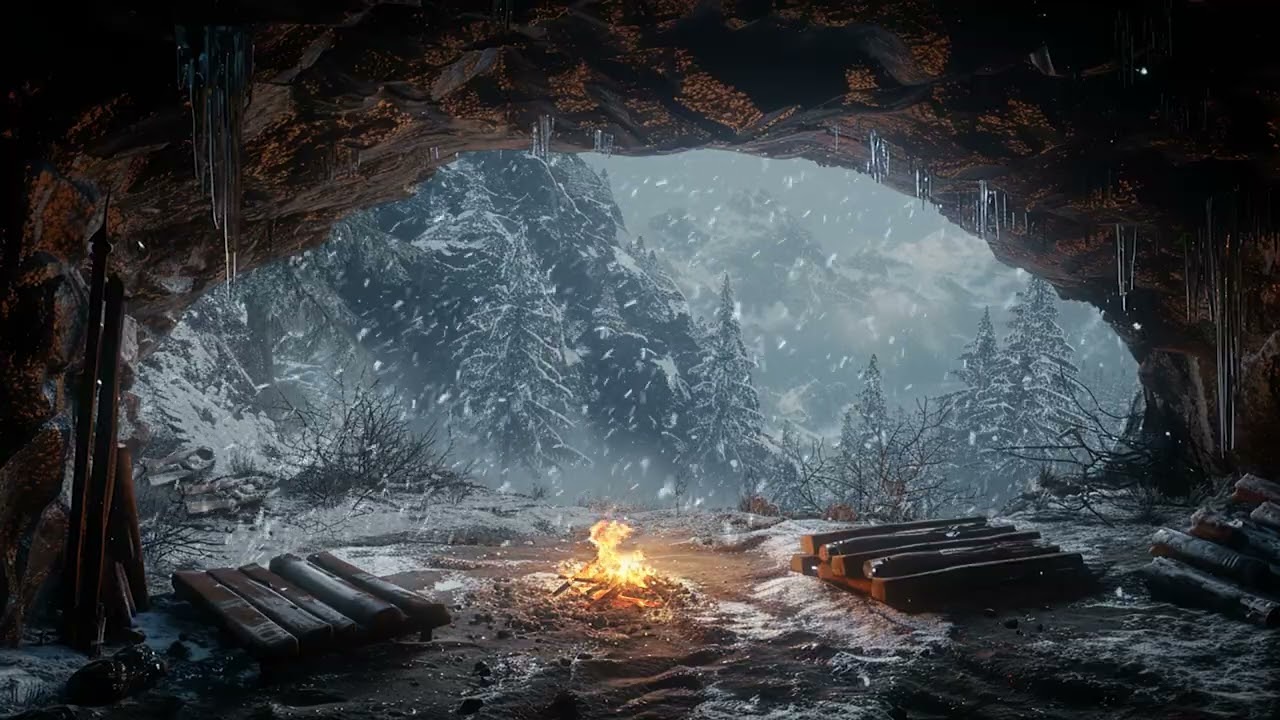 Firelight Holding the Cave While Snowstorms Move Outside | Winter Sleep Sounds