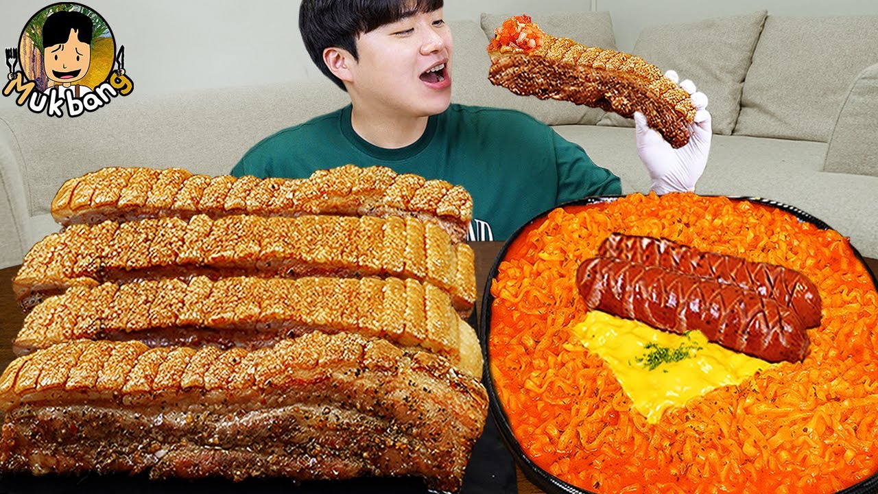 ASMR MUKBANG | Огненная лапша, хотдог, свиная грудинка, колбаса рецепт блюда ! принимать