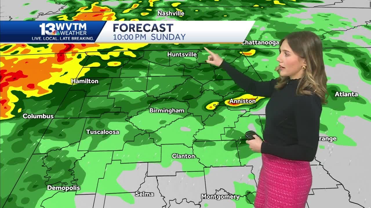Alabama's forecast turns soaking wet Sunday night. Waves of showers likely through Tuesday.