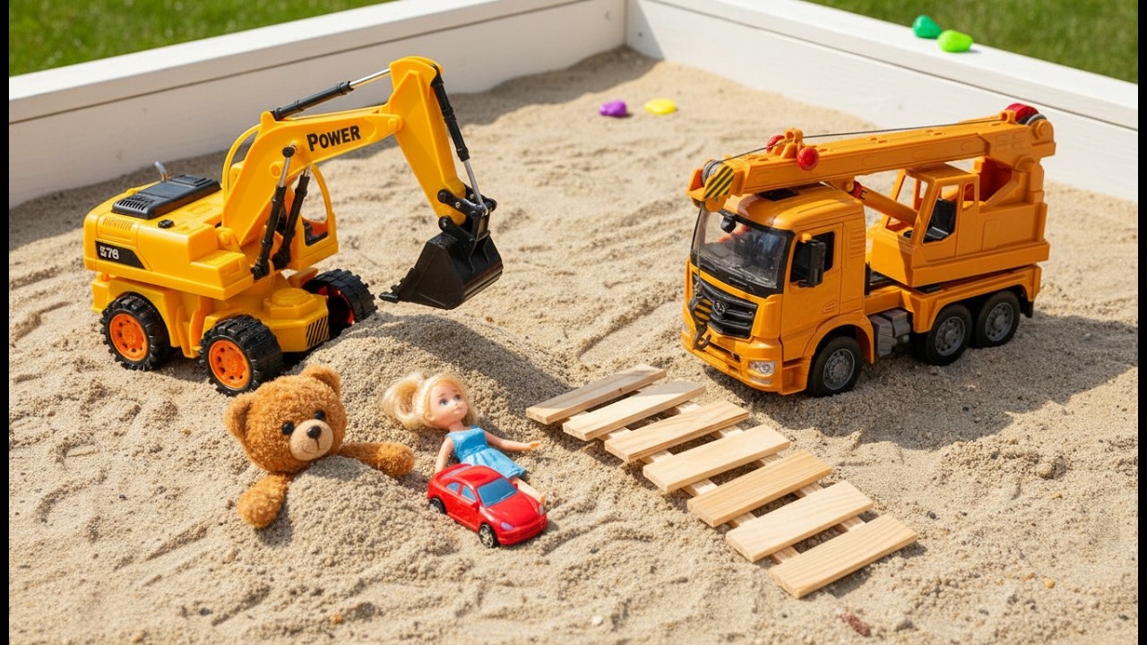 Stuck in Sand! Excavator, Dump Truck, Fire Truck Car for Kids Save Park Toys