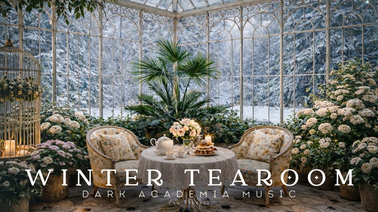 Tea Time in a Winter Conservatory | Dark Academia Piano & Snowy Garden Ambience for Study & Sleep