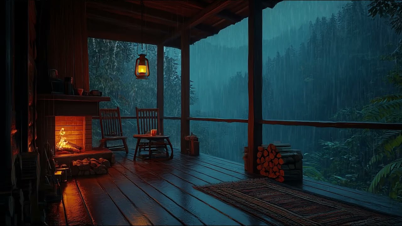Rainy Forest Cabin Night | Heavy Rain, Soft Thunder & Fireplace Sounds for Deep Sleep | No Mid Ads