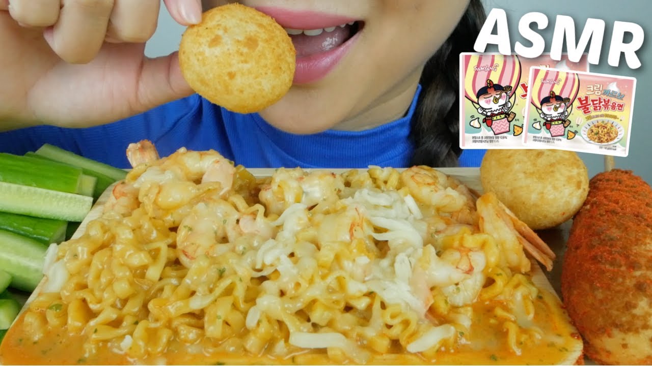 ASMR SPICY Samyang Cream Carbonara Noodles *Extra creamy & saucy with Mozzarella Corn Dog NO Talking