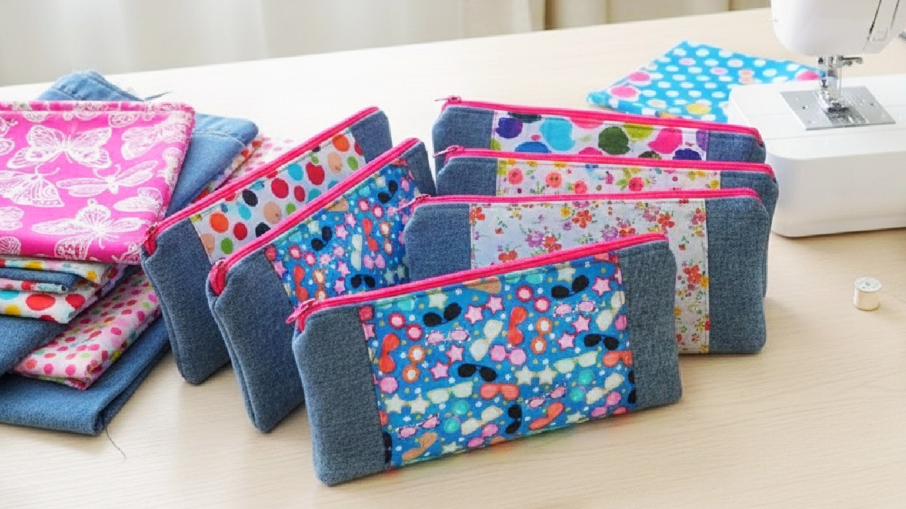 Super Easy Upcycle Jeans Sewing Project. Zippered Pouch From Upcycle Jeans On Both Sides.
