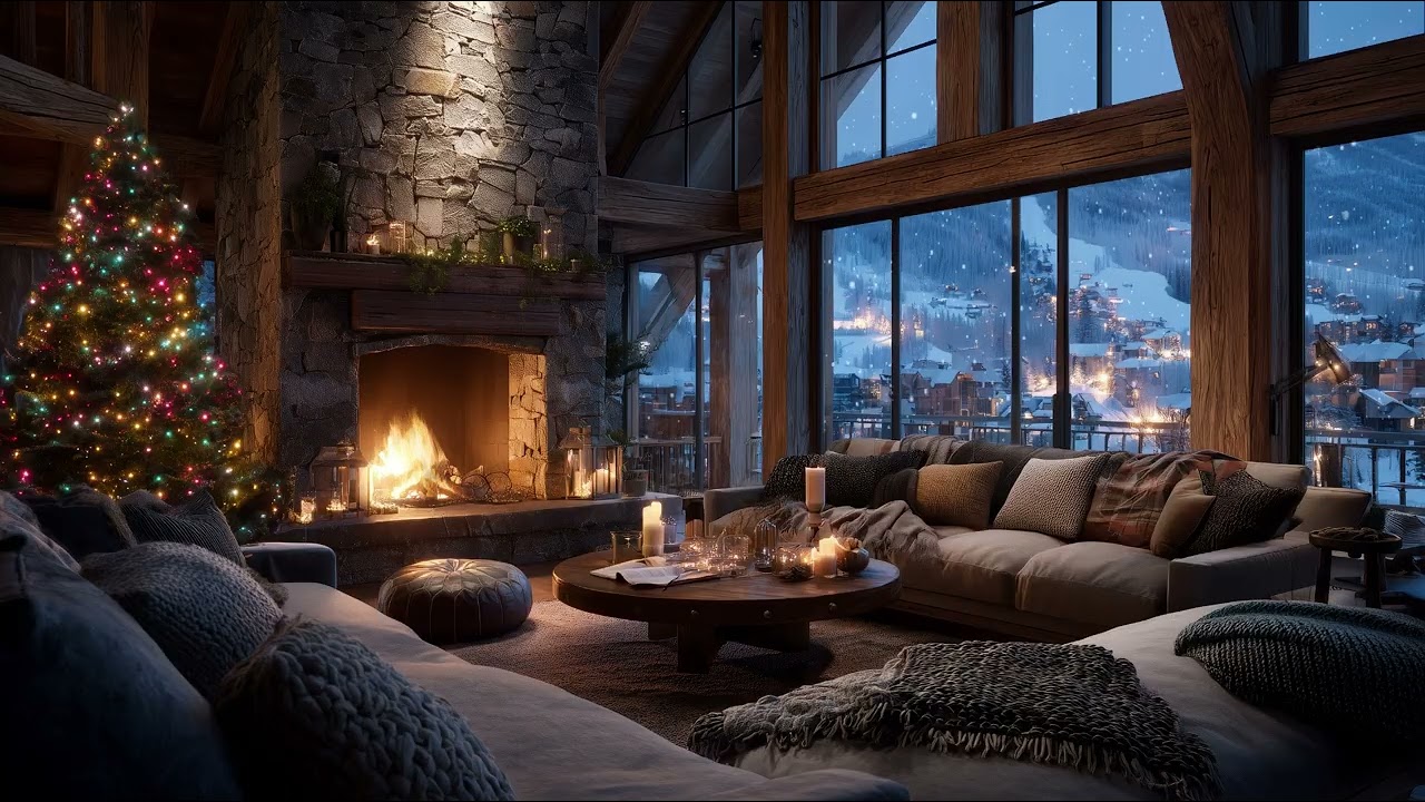Ski Resort | Snowfall | Christmas Tree Ambience 🎄 Cozy Christmas Fireplace Ambience | 6 Hours (HD)