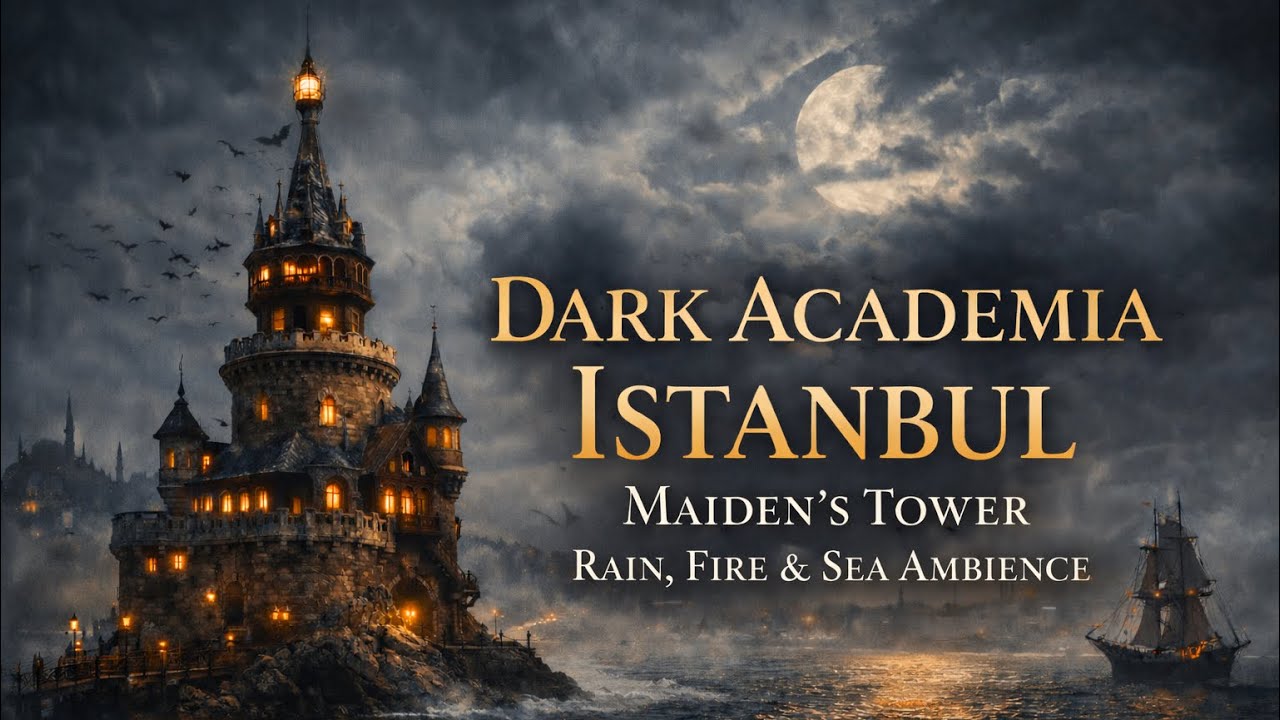 Dark Academia İstanbul Kıskulesi - Rain & Fireplace | Piano Study Music & Cozy ASMR Ambience