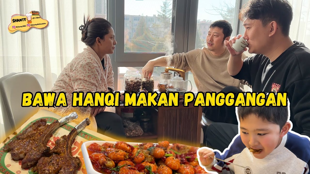 MINUM TEH HANGAT DI RUMAH DAN BAWA HANQI MAKAN DAGING PANGGANG SETELAH SEKIAN LAMA🤤💗