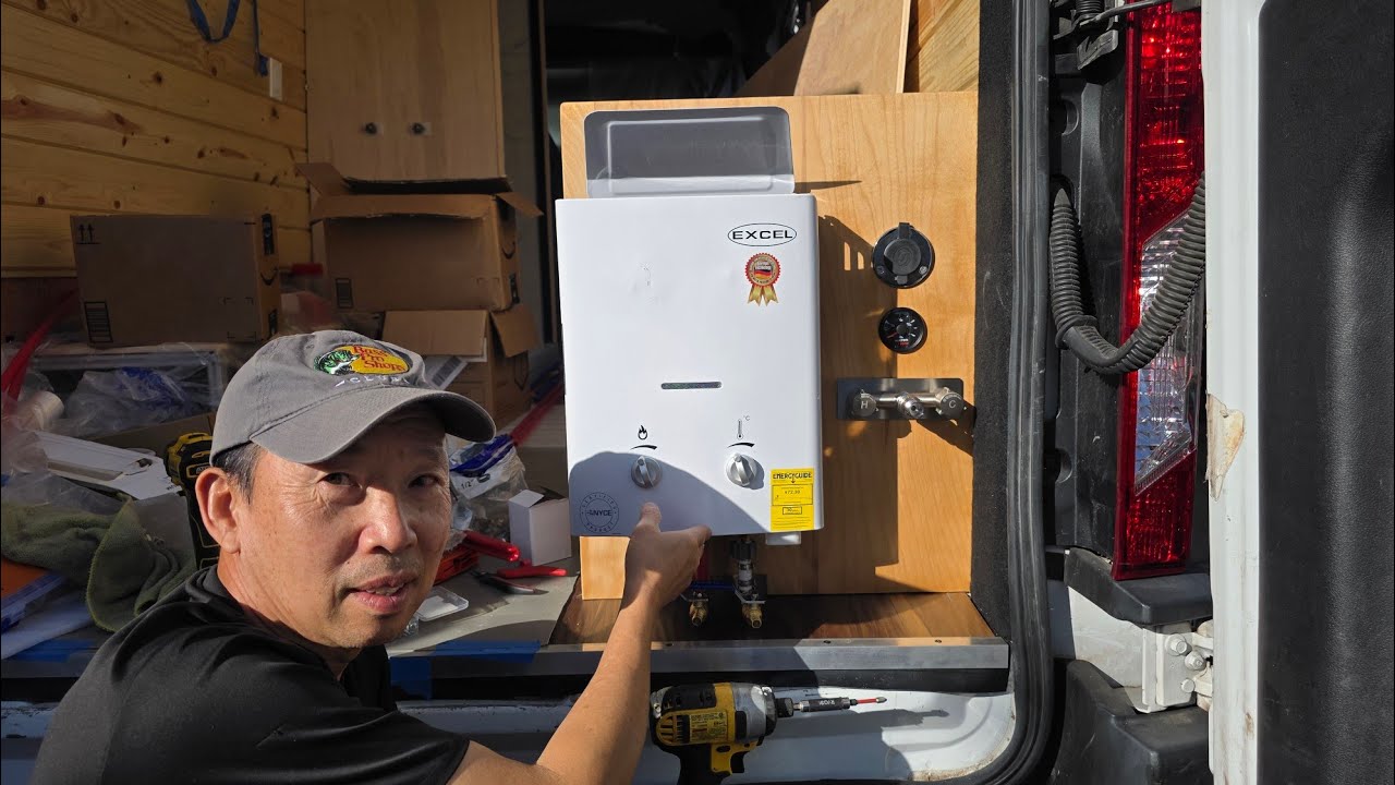 DIY Ford Transit conversion continues-   aluminum bed frame,  Tankless water heater instalation 