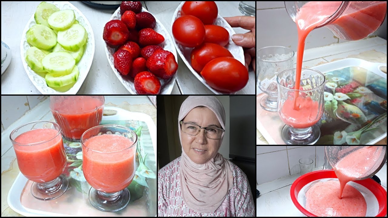 عصير الطماطم🍅مع الفراولة🍓والخيار🥒الصحي اللذيذ من يد الحاجة فاطمة
