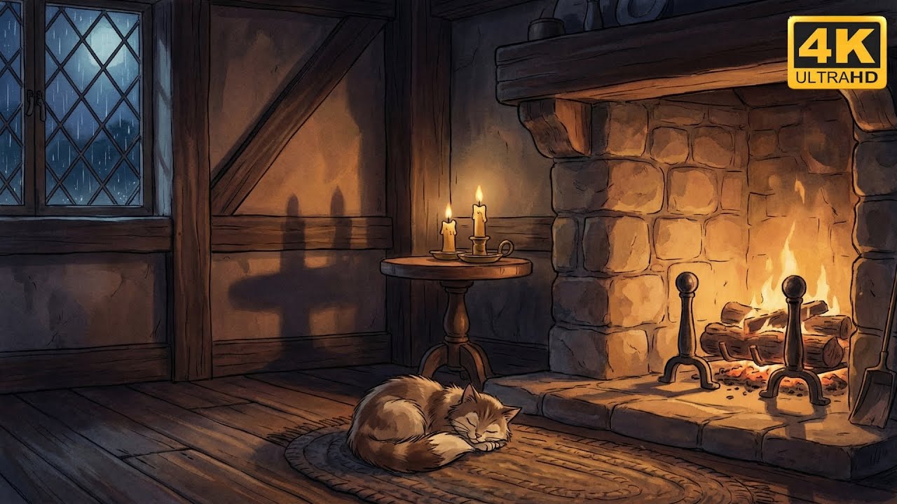 Lofi Fireplace Ambience | Calm Rain & Warm Fire for Study, Focus & Sleep