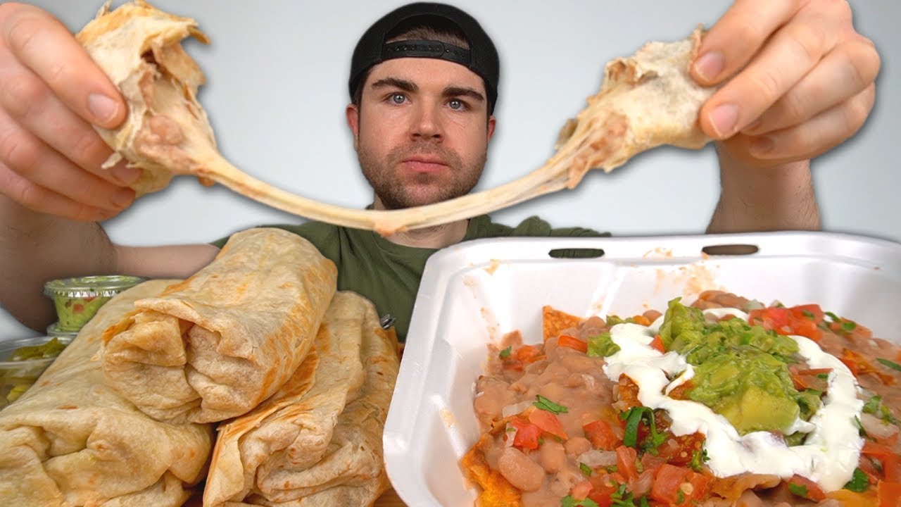 (CHEESY) MEXICAN FOOD MUKBANG Bean and Cheese Burritos, Chile Relleno Burrito, Nachos +