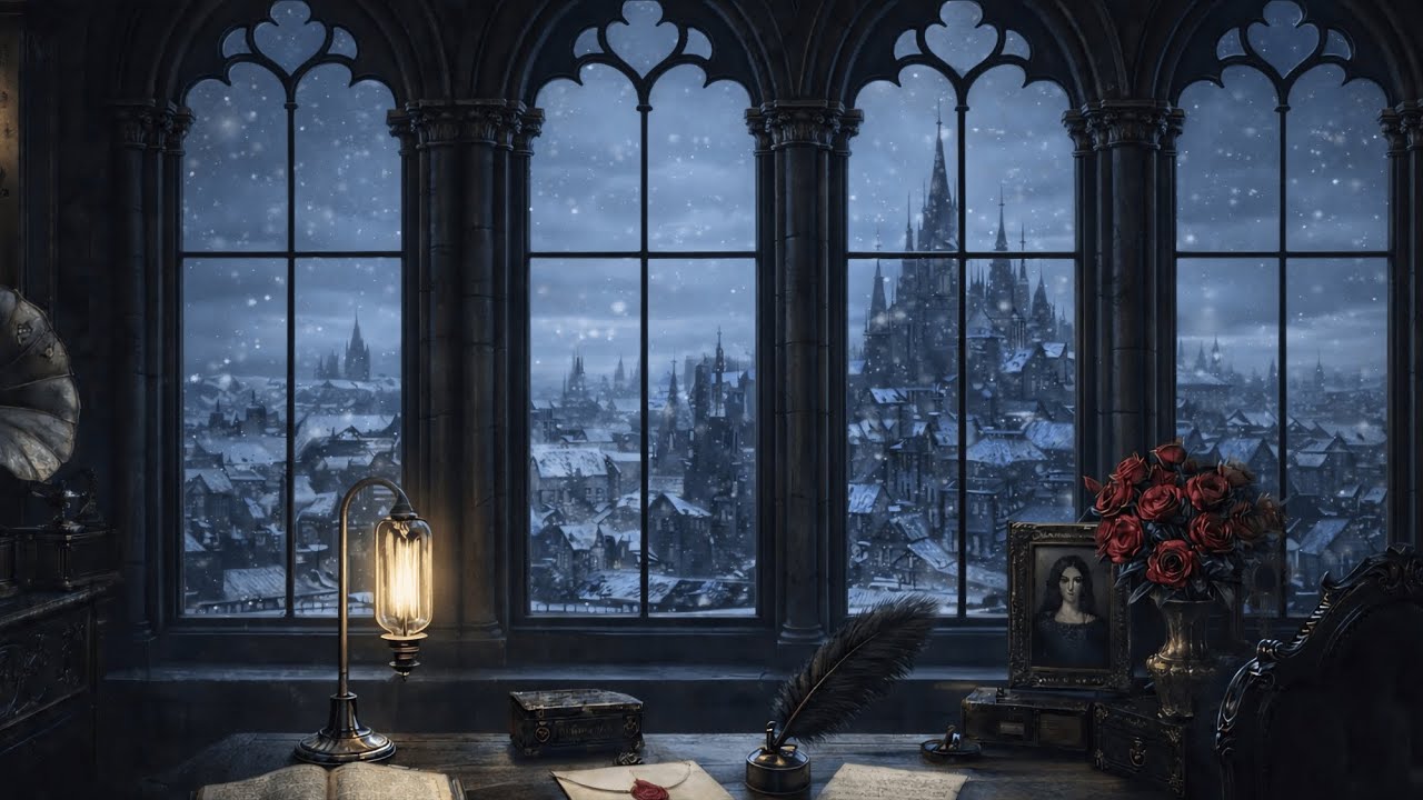 Dark Academia Piano & Cello • Reading by Lamplight Above a Snowy Gothic City