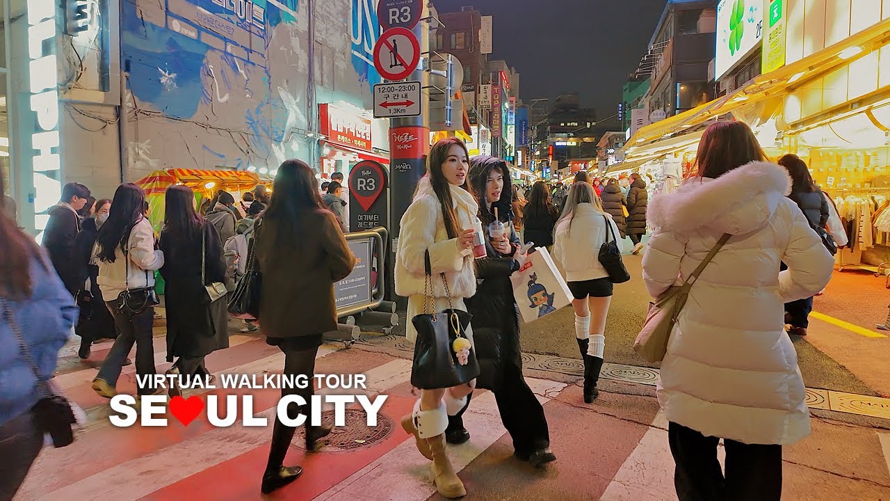Seoul Evening Walk, Hongdae Street, Christmas Lights, South Korea, Travel, 4K