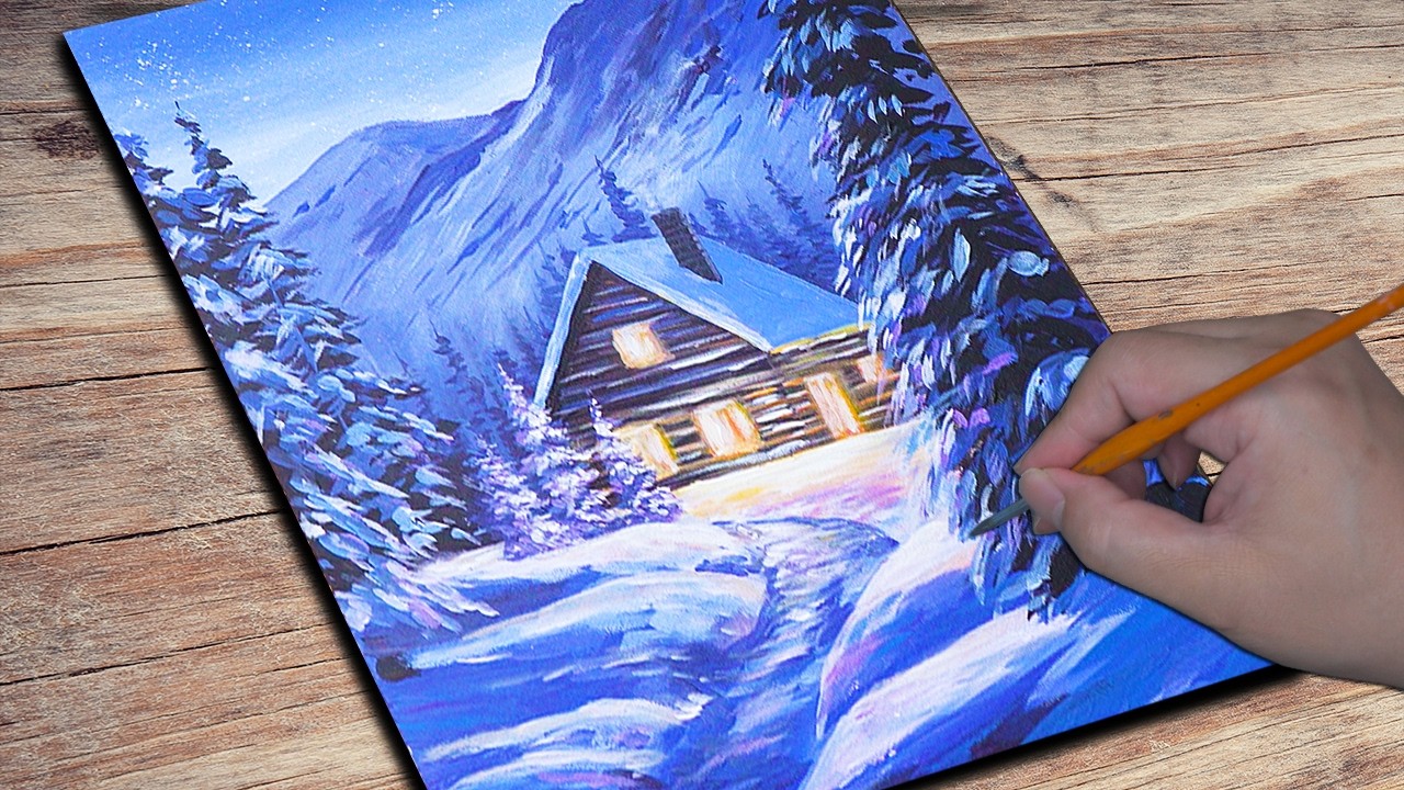 Winter cabin snow painting | Acrylic Painting