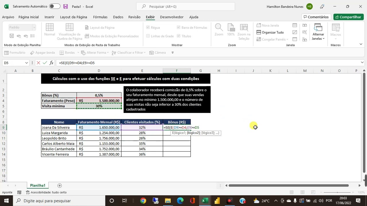 Calculando comissão sobre vendas, com 2 condições no Excel