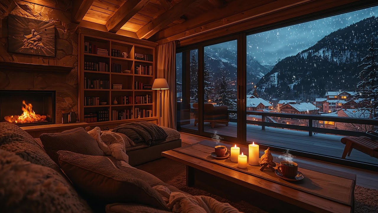 Snowy Village Atmosphere ❄️ Piano & Fireplace Warmth 🔥🎹