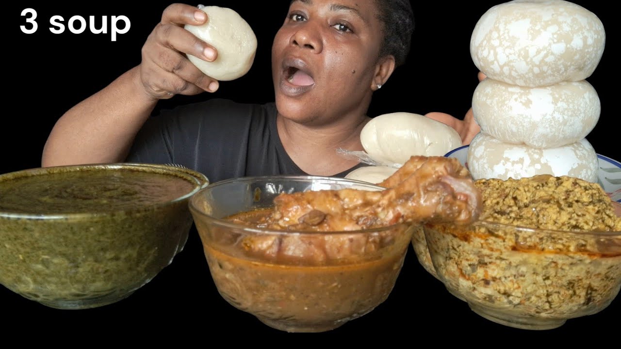 African food mukbang/ fufu +3 Difference soup, egusi soup, Black soup,ogbono soup, (eating ASMR)
