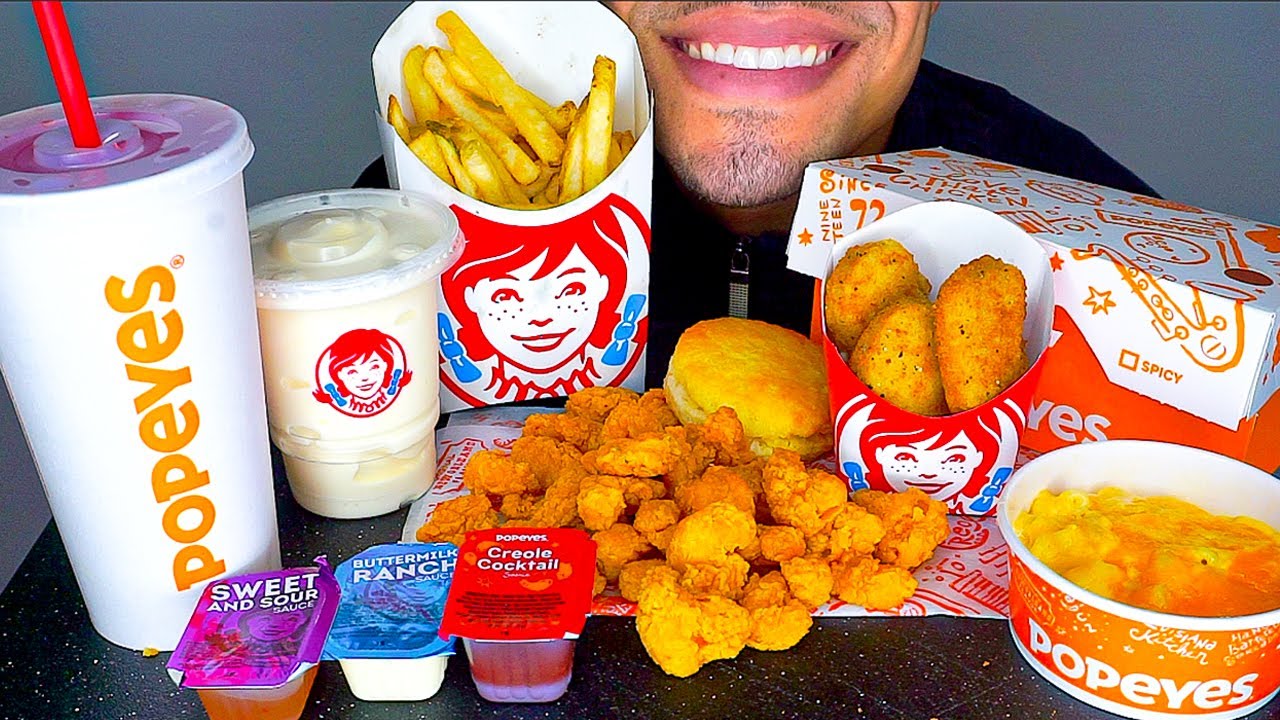 ASMR WENDY'S VS POPEYES MUKBAN CHICKEN NUGGETS MAC N CHEESE FROSTY FRIES SEAFOOD *NO TALKING* EATING