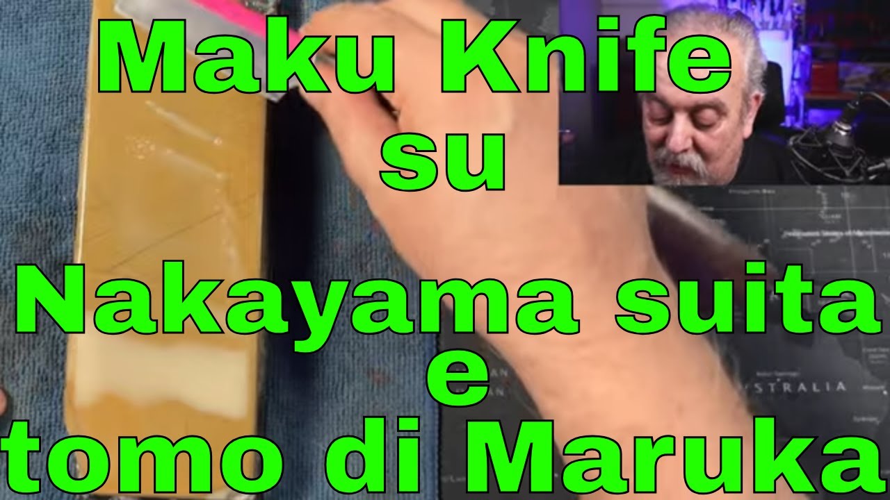 affilatura del rasoio a mano libera. Maku Knife in damasco con Nakayama suita e tomo di Maruka