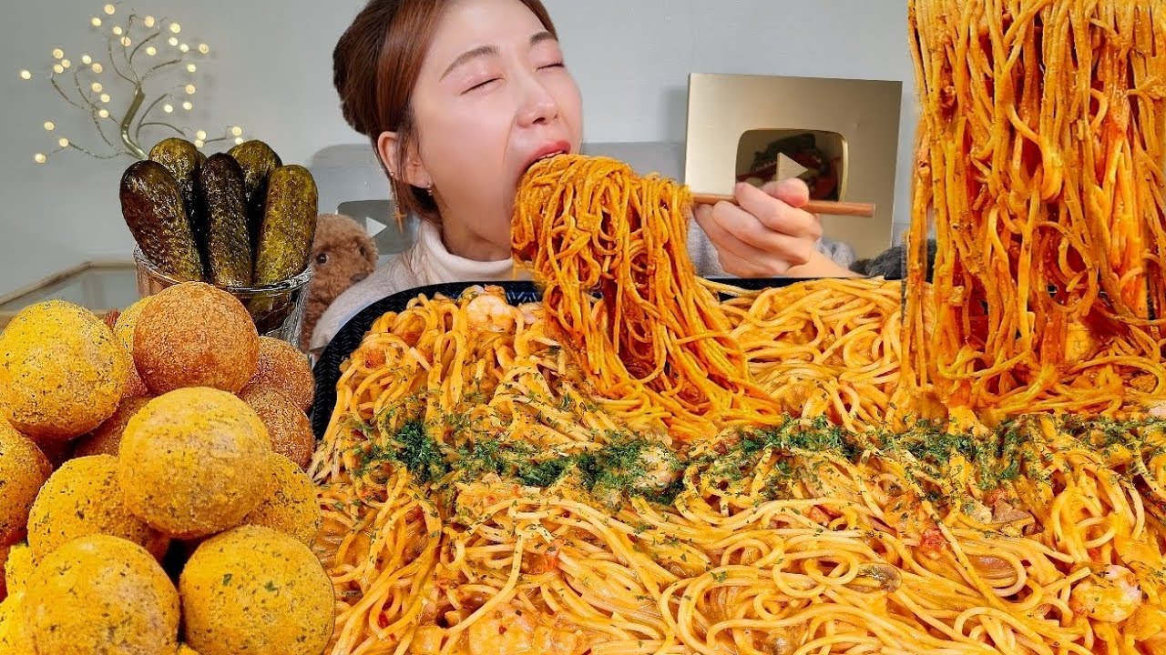 ASMR 꾸덕한 로제스파게티 치즈볼 뿌링치즈볼 통피클 리얼먹방 :) Rose pasta, cheese balls MUKBANG