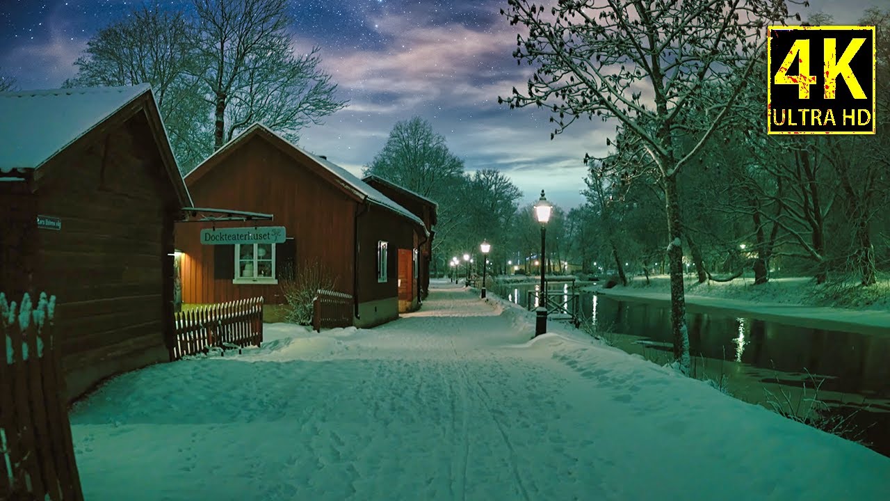 Peaceful and Relaxing Night Walk in the Snow 4K HDR- Sweden- Crunching Snow Sound