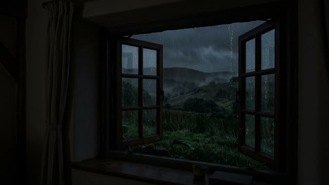 Gentle Night Rain 🌧️ Sliding Down A Cozy Window While Rolling Hills 🌾 Fade Into Mist