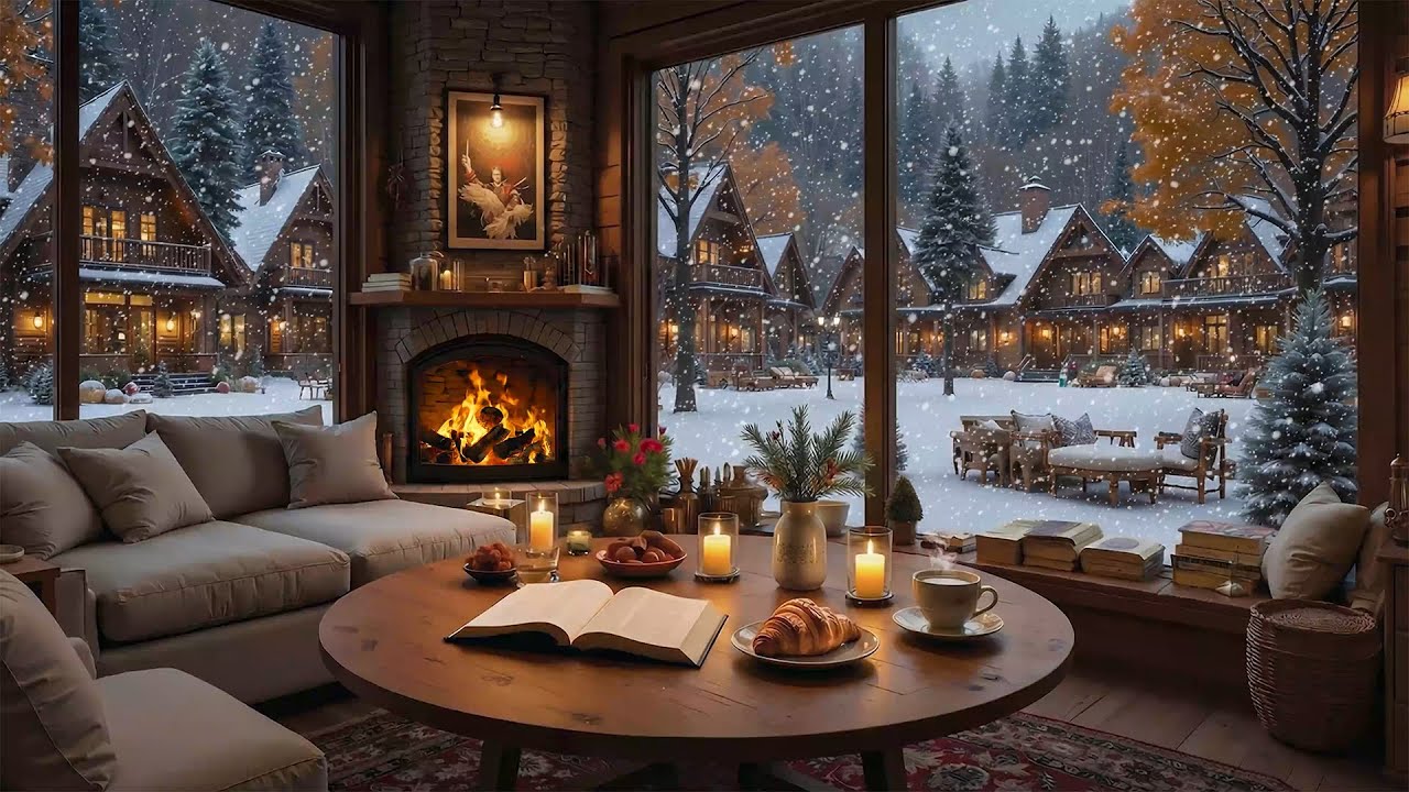 Уютная зимняя кофейня под падающим снегом 4K ☕❄ Нежный джаз и теплая атмосфера камина