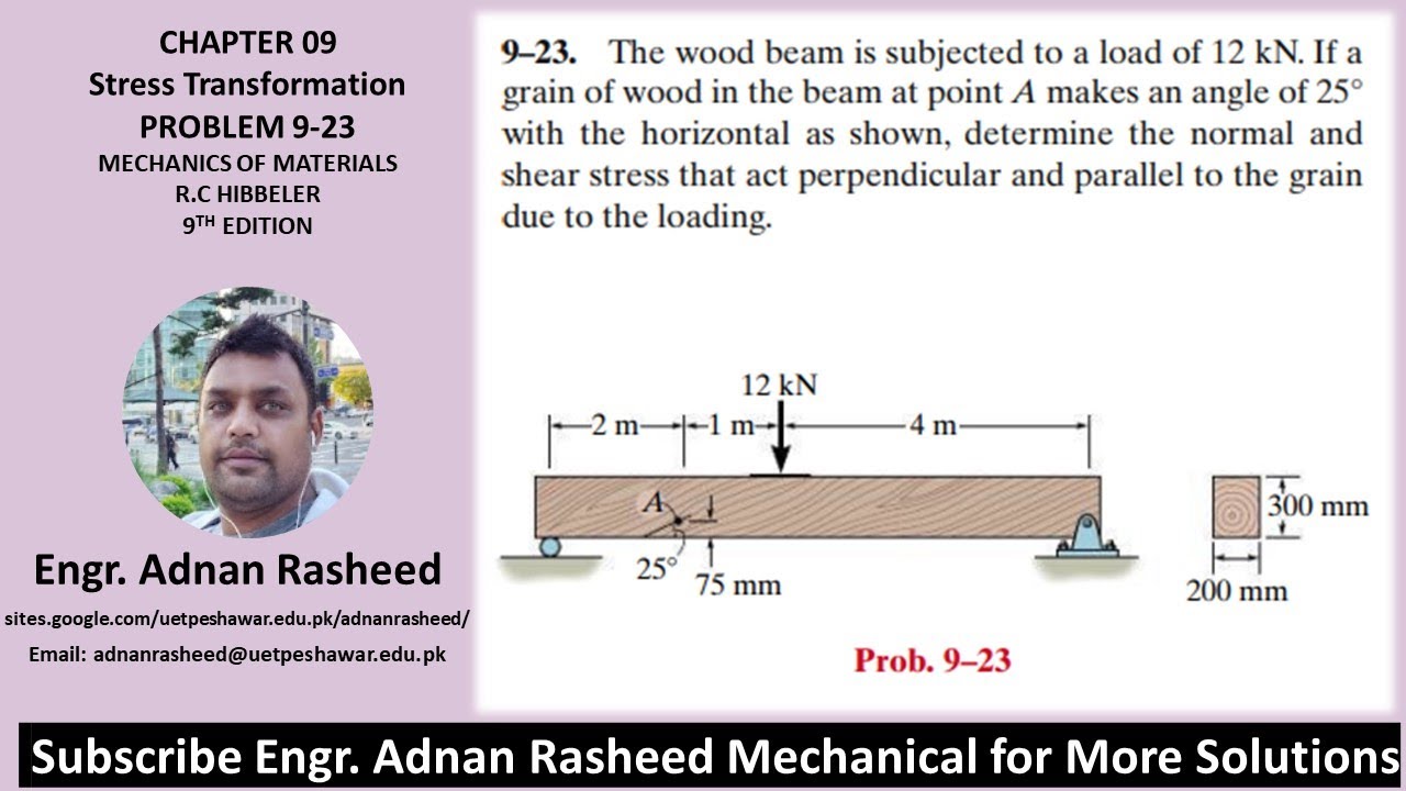 9-23 Determine the normal and shear stress to the grain | Mech of materials rc hibbeler