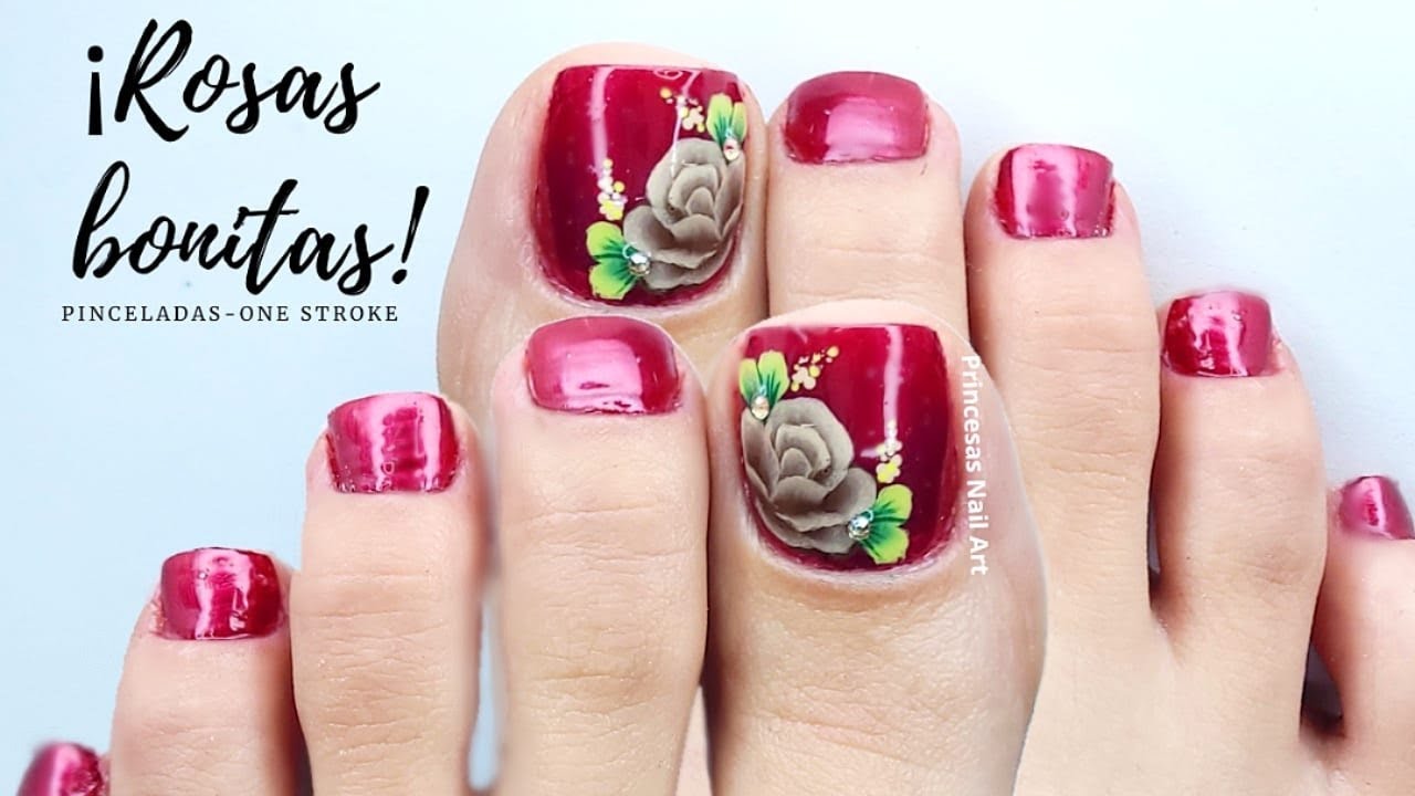😍¿CÓMO HACER ROSAS en las uñas de los pies en color rojo con PINCELADAS a MANO ALZADA? 🌹