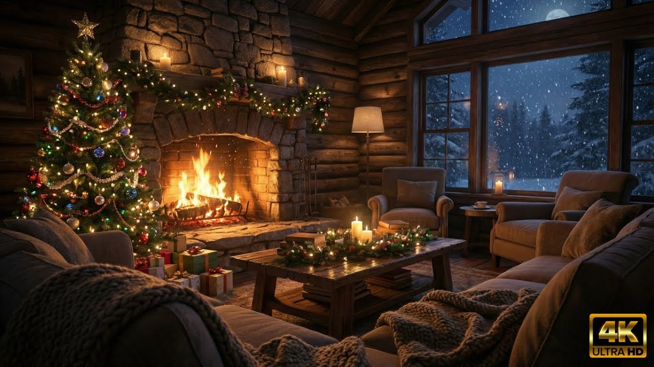 Relaxing Christmas Jazz Ambiance 🎄 Cozy Log Cabin with Warm Fireplace & Snowstorm | 6 - 8 Hours