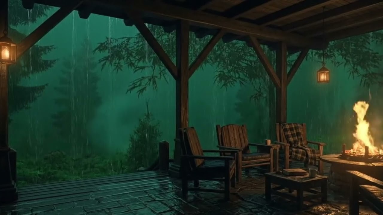 3 Hours of Relaxing Rain on a Cabin Porch with Crackling Fire Pit Sounds for Deep Sleep 4K