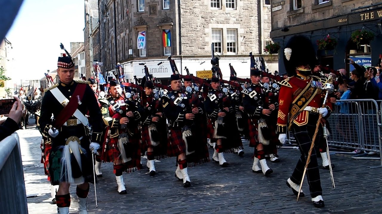 King Charles Military Escort On Royal Mile With Pipes and Drums