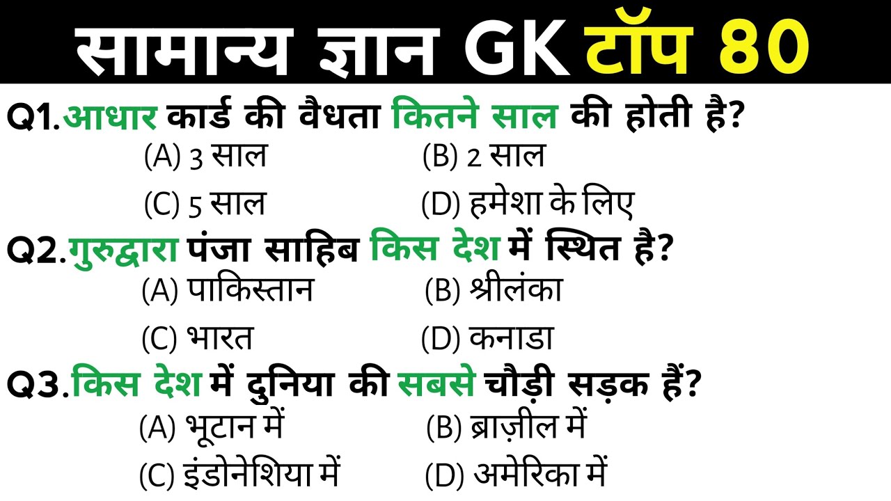 सामान्य ज्ञान | General Knowledge | Top 80 GK/GS questions | SSC GD, MTS, RPF, CRPF | GK quiz