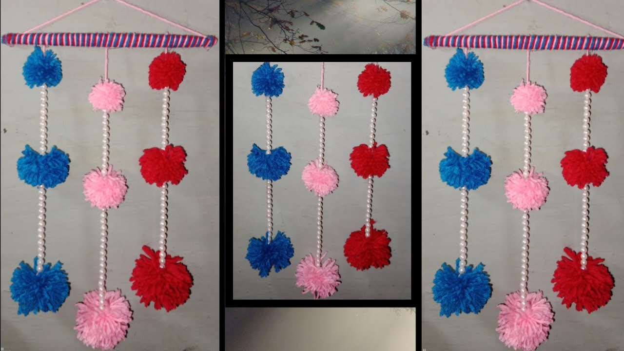 Wall hanging with pom pom balls ,Beautiful woolen designs wall hanging #wallhanging #homedecor #yt 