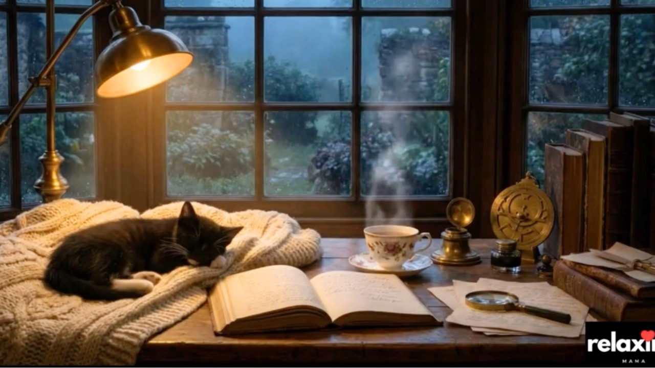 Cozy Rain & Sleeping Cat 🐈 Dark Reading Nook Ambience | Low Stimulation for Moms & Nap Time