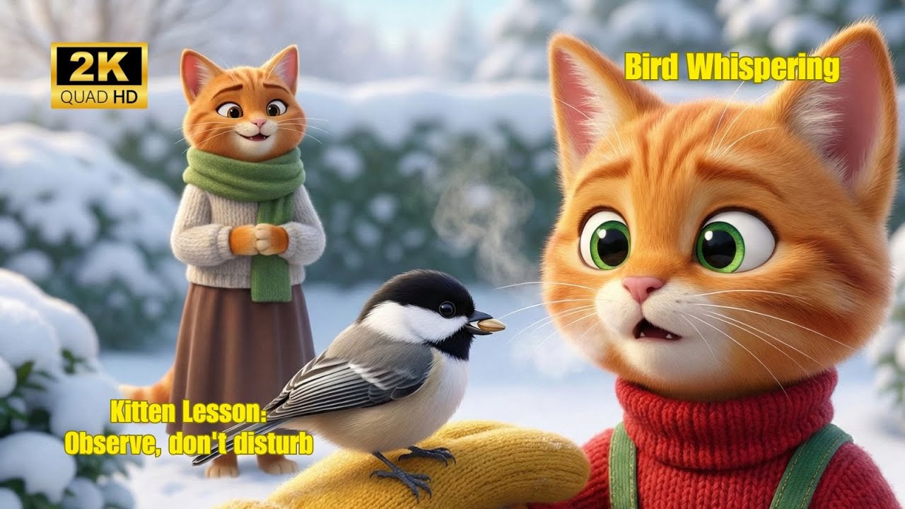 Cat Story: Mama Cat & Baby Cat Gives Hand Feeding Wild Birds 🐦❄️ Winter Garden Peace with Mama Cat