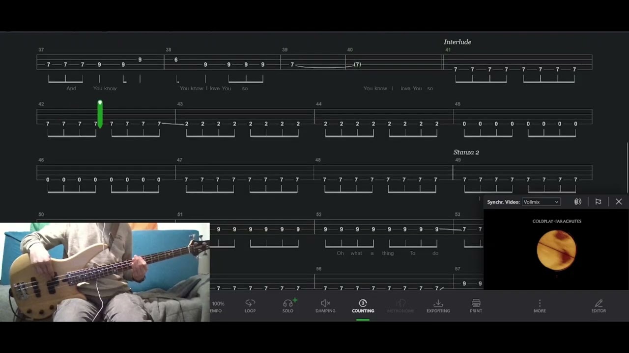 Yellow - Coldplay (bass tab play along; bass cover)