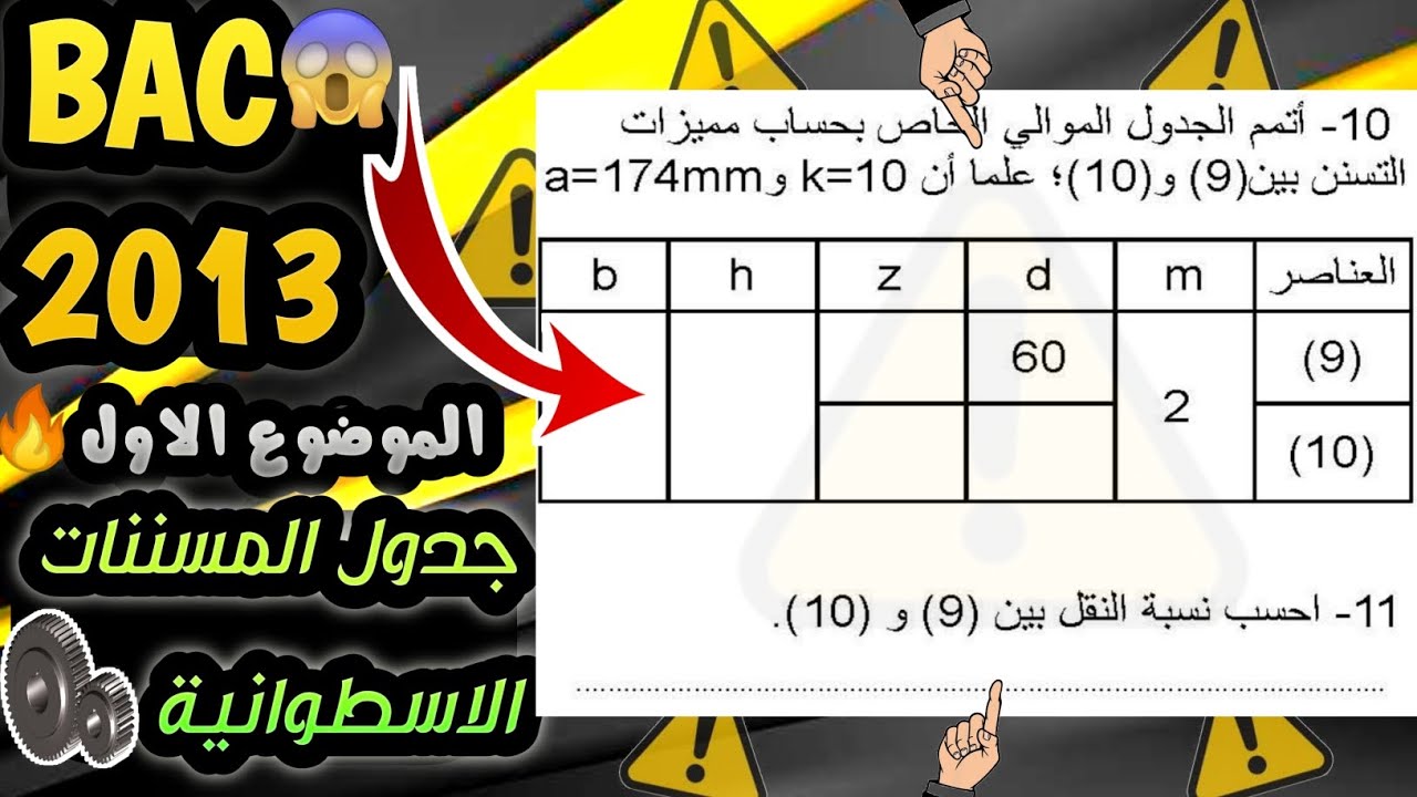 حل جدول مميزات المسننات الاسطوانية ذات الاسنان القائمة بكالوريا 2013 الموضوع الاول هندسة ميكانيكية