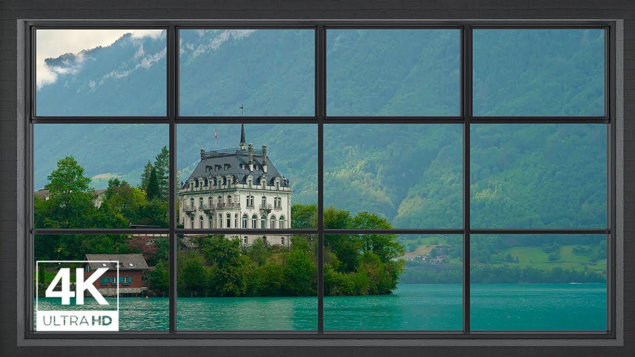 4K Lakeside Town of Iseltwald Switzerland Window View - Thunder, Rain, Relaxing, Calming, Ambience,