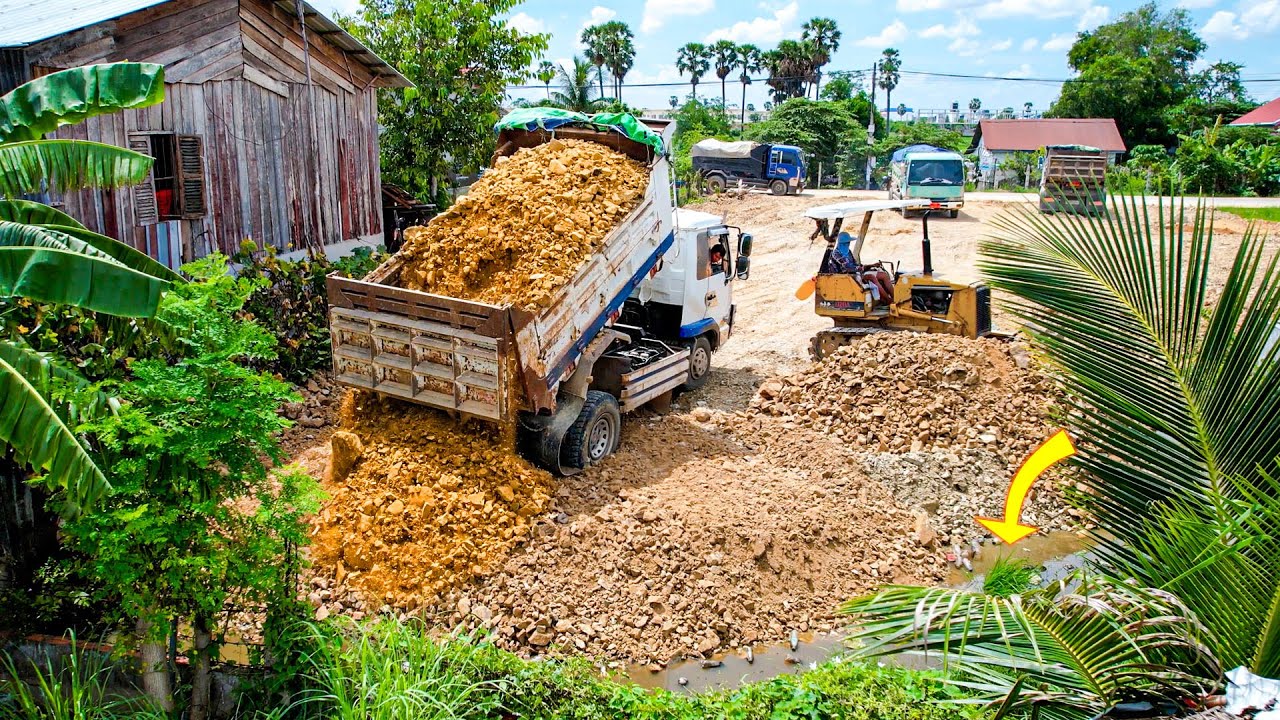New Updating Project! Filling Land by Bulldozer KOMATSU D20P & 5Ton Truck Pushing Soil Into Water