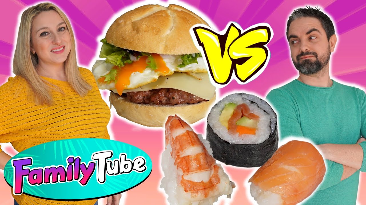 Mama 🙋‍♀️ VS Papa 🙋‍♂️  Hamburguesa 🍔VS SUSHI 🍱 CASERO
