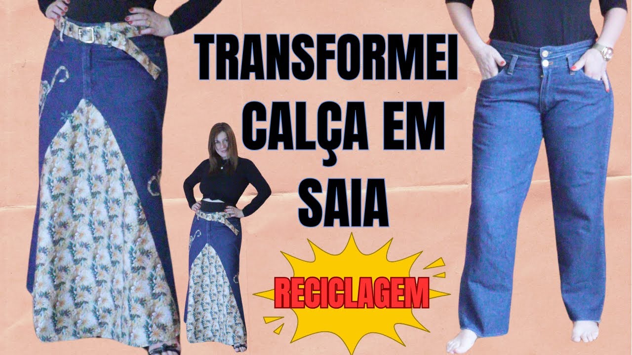 COMO CUSTOMIZAR RECICLAR CALÇA JEANS EM UMA LINDA ESTILOSA SAIA LONGA ESTAMPADA COM BORDADOS
