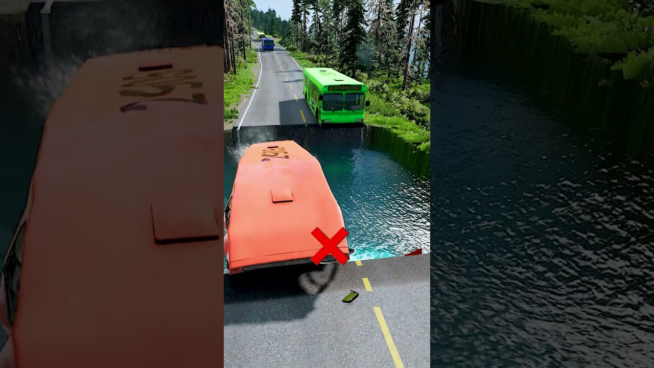 Bus vs water pit #26 | #carsvswaterpit #beamngdrive #doubleflatbedtrailertruckvsspeedbumps