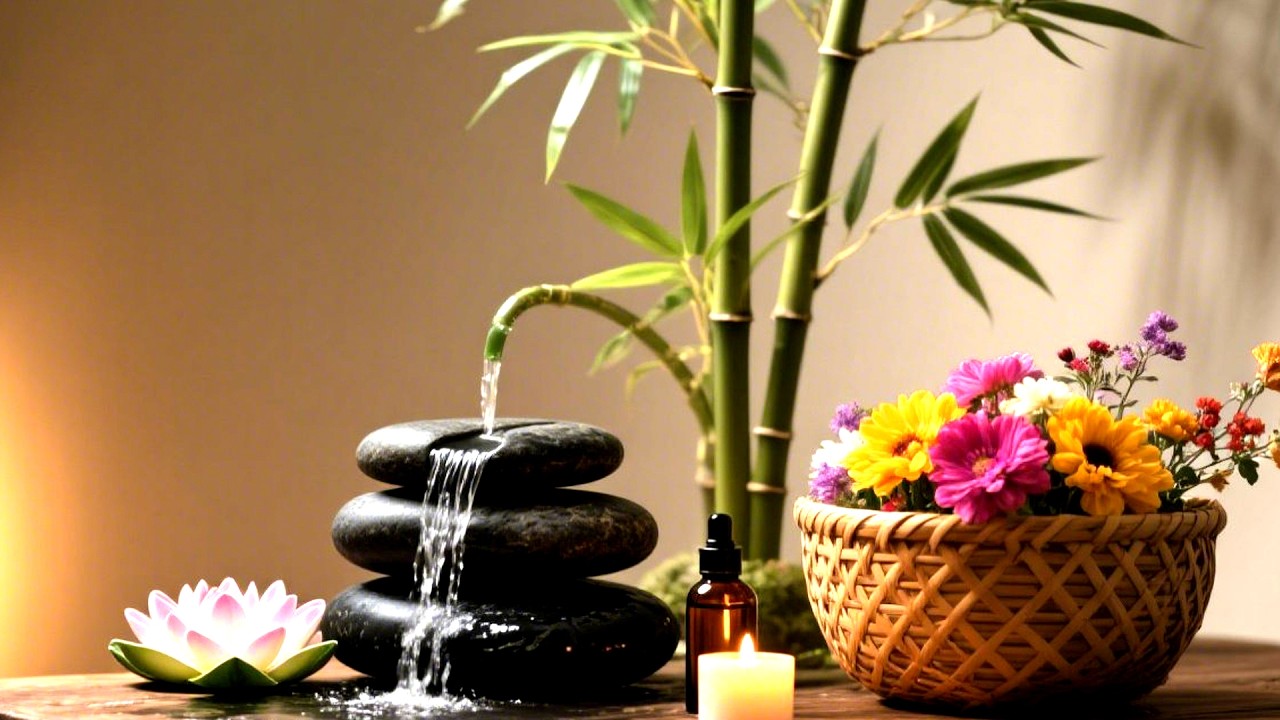 SPA RELAXATION MUSIC WITH FLOWING WATER AND GENTLE PIANO