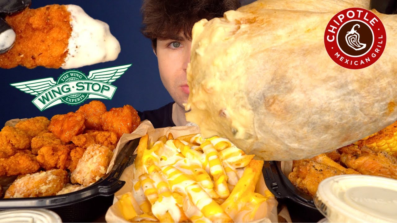 ASMR WINGSTOP & CHIPOTLE MUKBANG GIANT BURRITO, CHICKEN & CHEESY FRIES | WITH CHEESE + RANCH