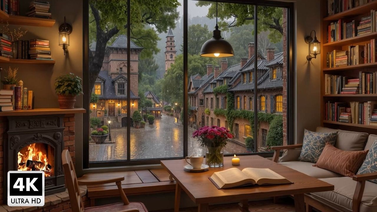Smooth Piano Jazz & Rain Sound in A Cozy Cafe Ambience ~ Fireplace Sounds for Study & Work