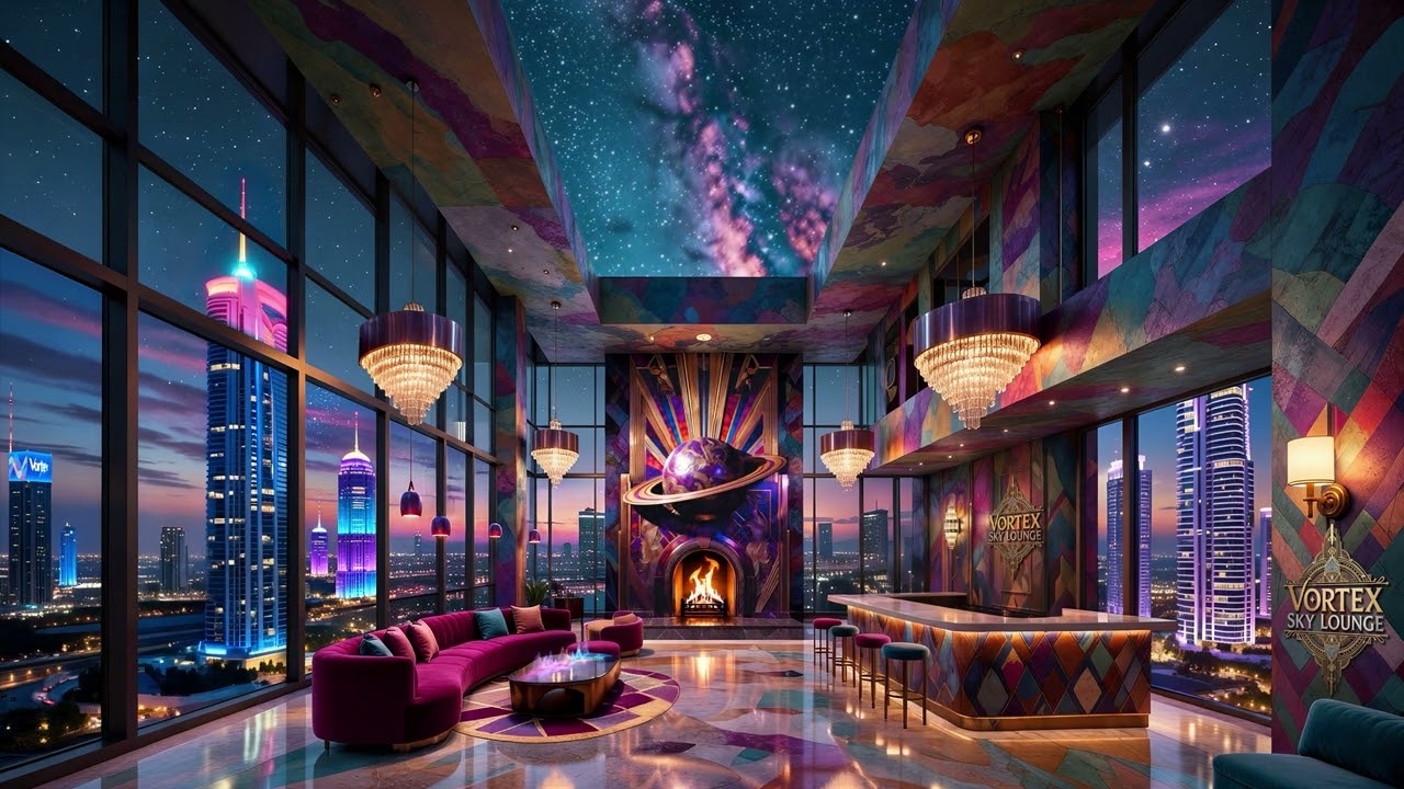 Groovy Deep Luxury Sky Lounge Vibes, Instrumental Funky Chill Trap Bass Guitar Vibraphone, Fireplace