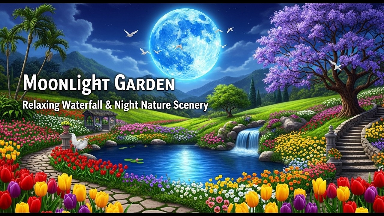 Magical Moonlight Garden | Relaxing Waterfall & Night Nature Scenery
